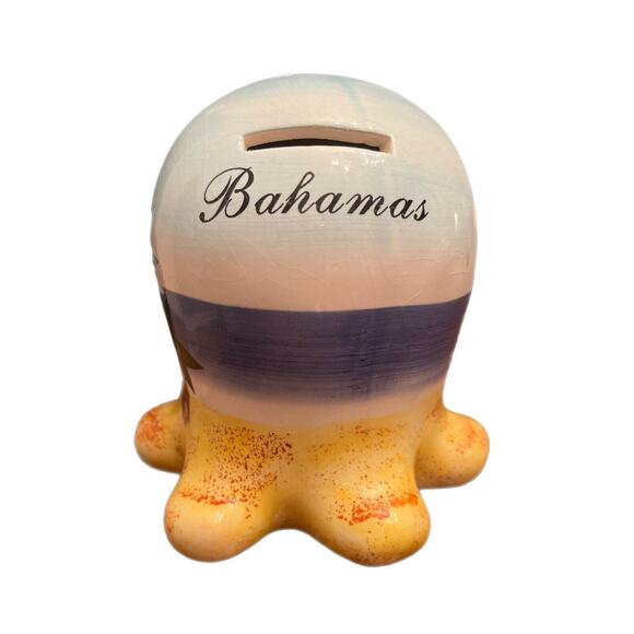 Travel Souvenir Bahamas Colorful Hand Painted Scenic Pottery Piggy Octopus Bank - Picture 2 of 5